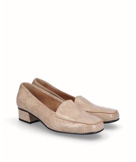 Taupe snake engraved leather heeled moccasin shoe