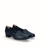Navy blue leather heeled moccasin shoe