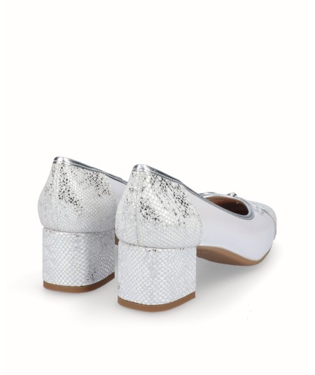 Zapato tacon bailarina piel perlada   combinada confantasia serpiente blanco