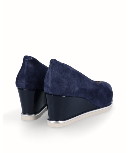 Peep toes wedge shoe in navy blue split leather