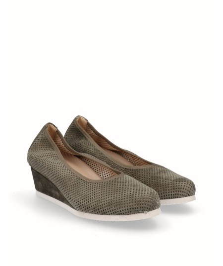 Wedge lounge shoe with removable sole, military green split leather