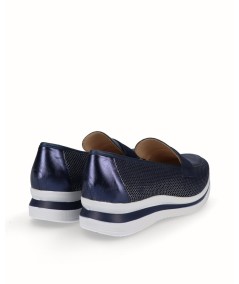 Navy blue mesh and leather sports moccasin shoe