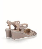 Tan patent leather wedge sandal