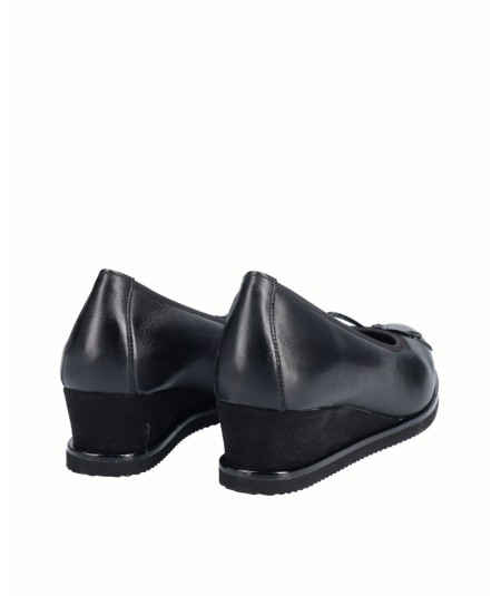 Zapato cuña piel natural combinado serraje negro con elástico