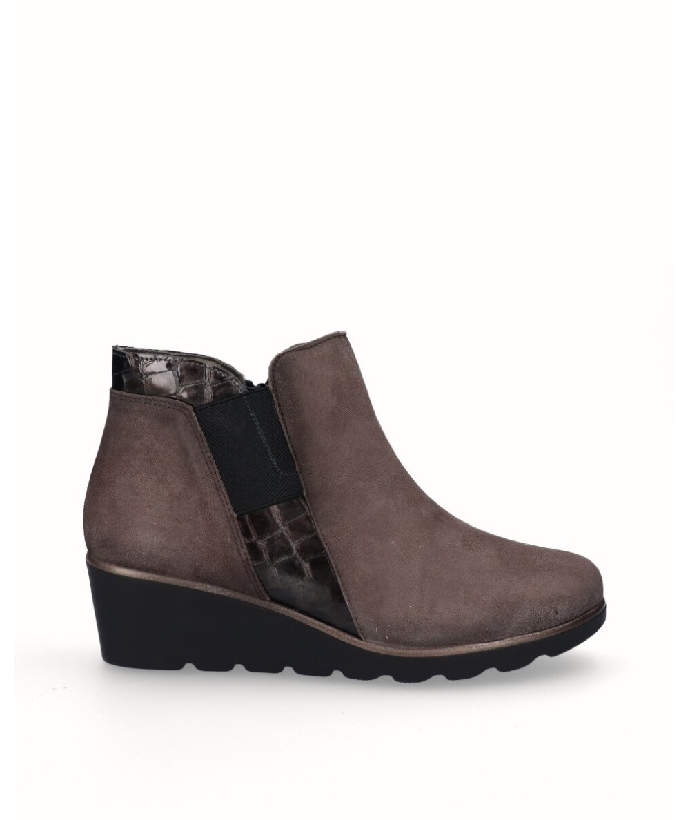 Suede leather wedge ankle boots combined with gray snake engraved leather