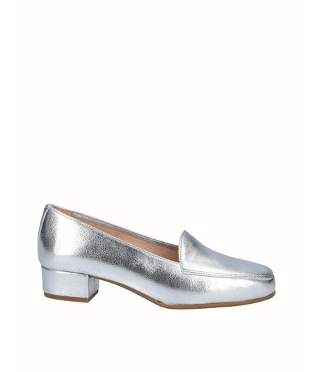 Silver leather moccasin high heel shoe