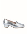 Silver leather moccasin high heel shoe