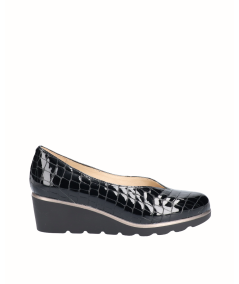 Zapato cuña piel charol grabado serpiente negro
