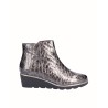 Gray snake engraved patent leather wedge ankle boots