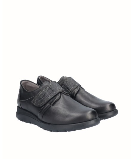 Black leather flat sports shoe with velcro closure