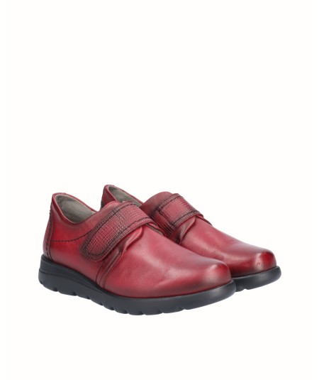 Red leather flat sports shoe with velcro closure