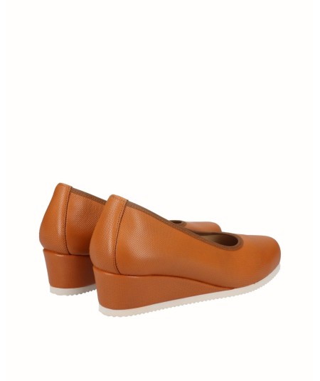Camel leather removable sole wedge lounge shoe
