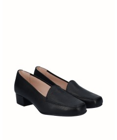 Black leather moccasin high-heeled shoe