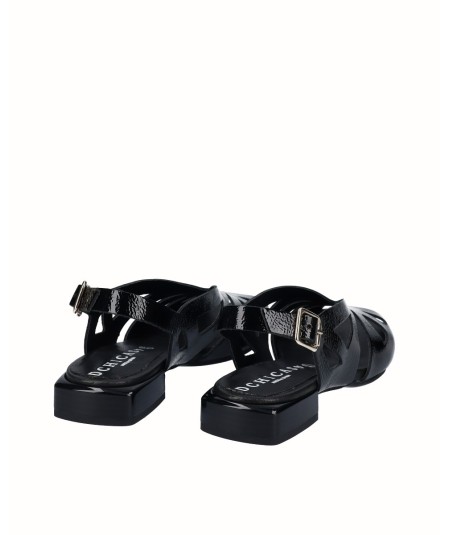 Flat black patent leather sandal