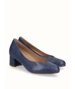 Blue engraved leather high-heeled shoe