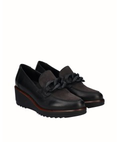 Zapato cuña piel combinada negro