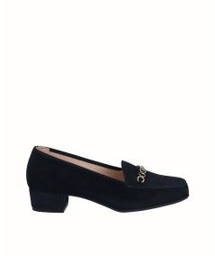 Navy blue suede moccasin high-heeled shoe
