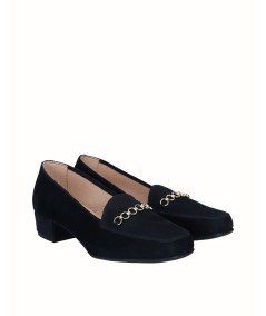 Navy blue suede moccasin high-heeled shoe