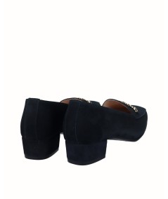 Navy blue suede moccasin high-heeled shoe