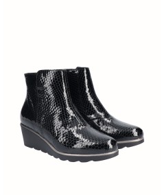 Black snake engraved patent leather wedge ankle boots