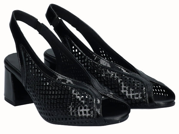 Zapato Peep Toes Tacón Piel Charol Negro